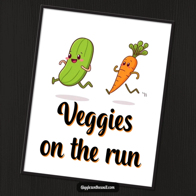 Funny Free Printable Wall Art capturing a pickle and carrot in a dynamic, humorous race, capturing their competitive spirit.