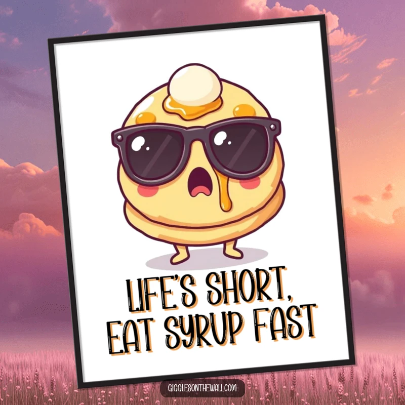 Funny Free Printable Wall Art: A pancake wearing cool sunglasses is splattered with syrup, looking hilariously surprised and stylish.