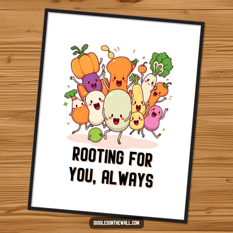 Hilarious free printable wall art of a group of animated vegetables performing a fantastically chaotic and uncoordinated synchronized dance.