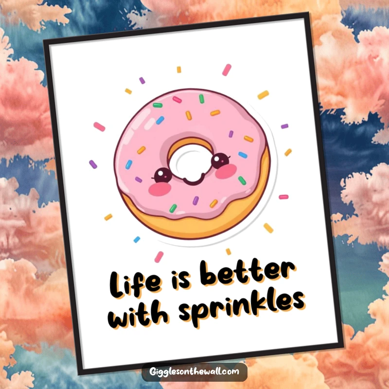 Funny Free Printable Wall Art: A delighted donut amidst a shower of festive confetti, bringing joy.