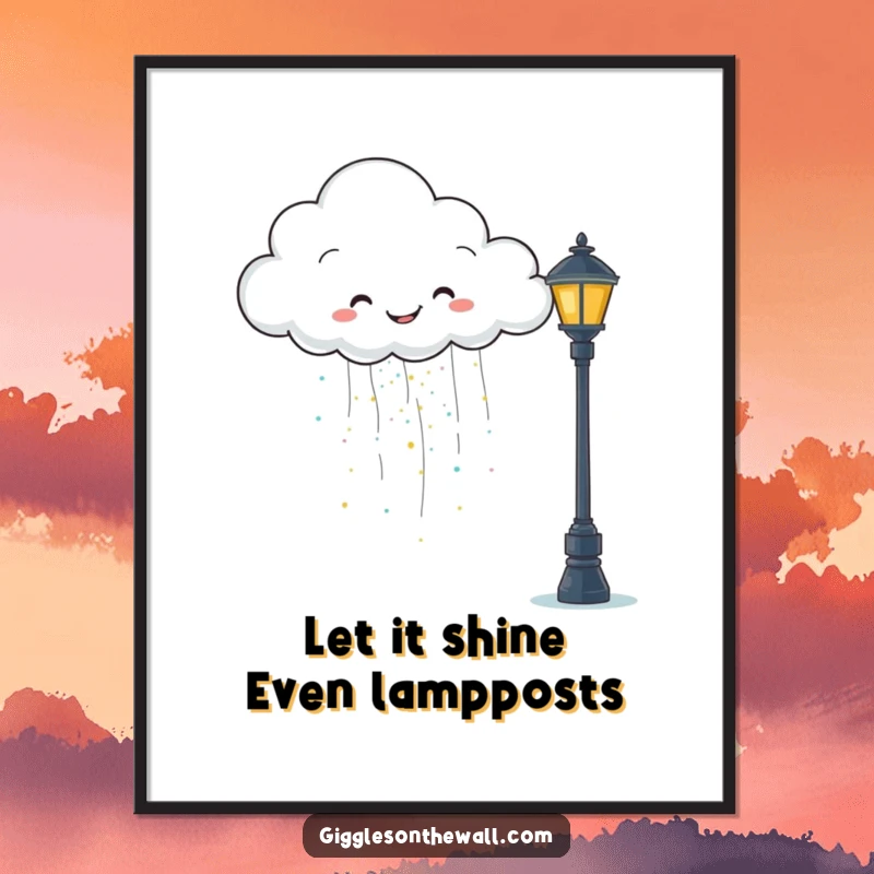 Funny Free Printable Wall Art: A happy cloud joyfully rains glitter down onto a grumpy, surprised-looking lamppost.
