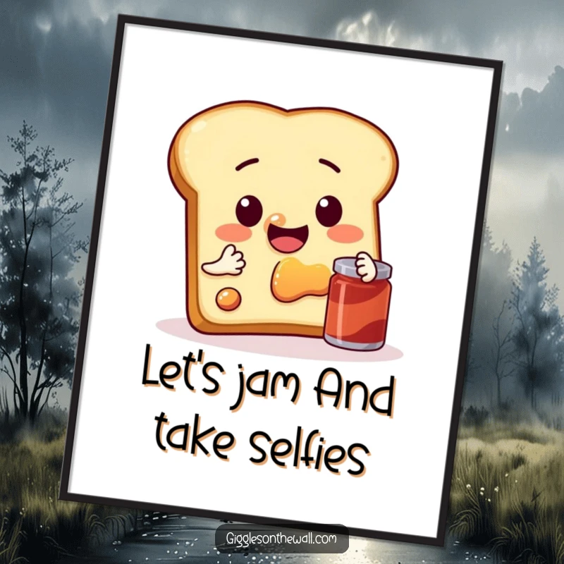 Funny Free Printable Wall Art: A slice of toast with jam poses for a humorous selfie, capturing a delicious moment.
