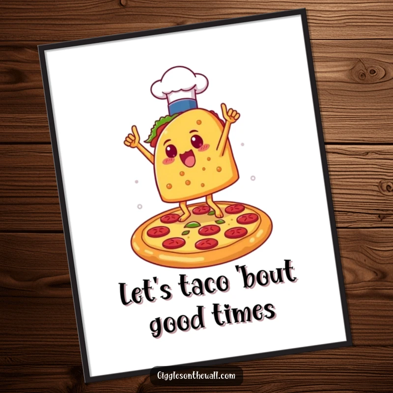 Funny Free Printable Wall Art: A taco wearing a chef hat, performing an energetic victory dance on a pizza, bringing food-themed joy.