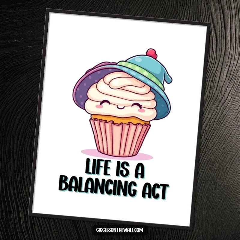 Funny Free Printable Wall Art: A comical cupcake trying to balance two hats, bringing whimsical decor.