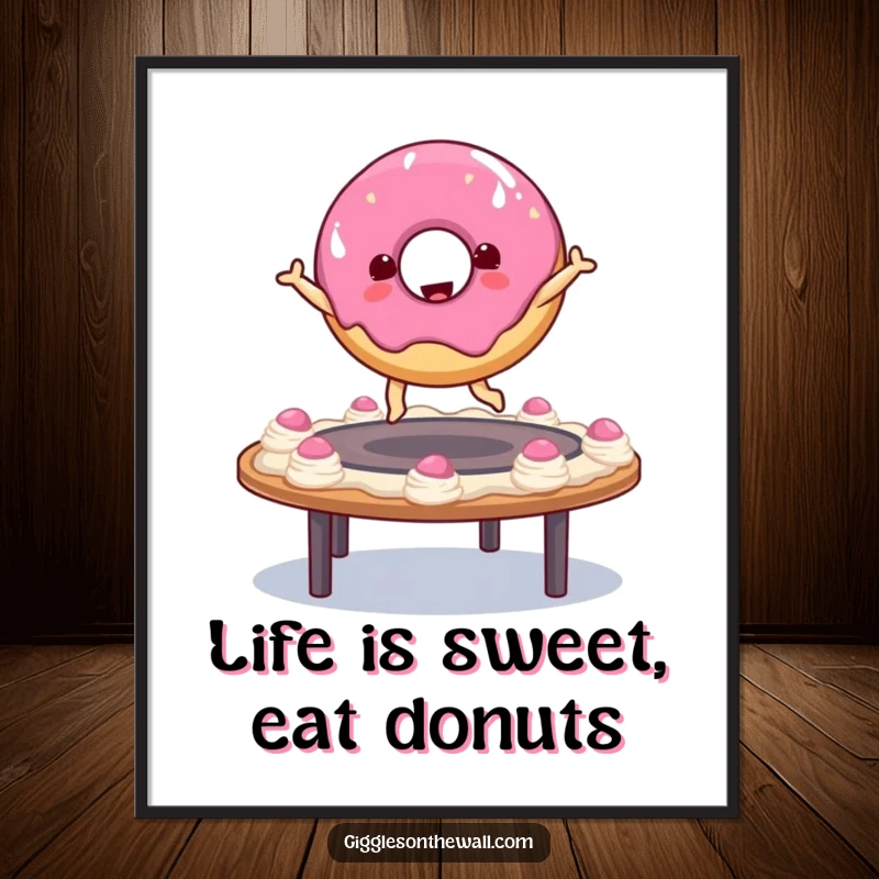 Funny Free Printable Wall Art: A cheerful donut character gleefully bouncing high on a colorful trampoline made of frosting.