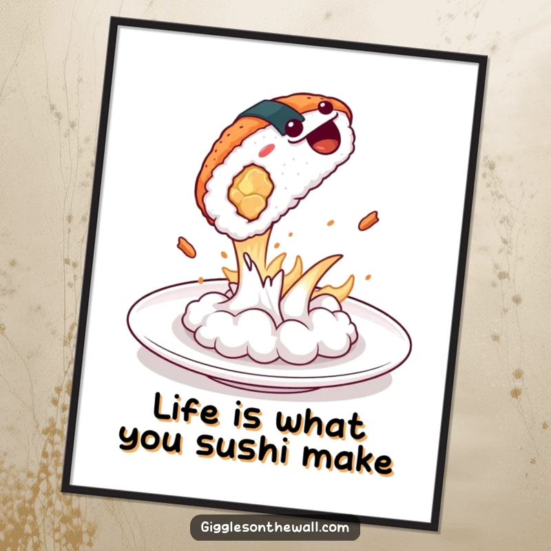 Funny Free Printable Wall Art: A sushi piece performs an epic, dramatic leap from its plate, capturing attention and a smile.