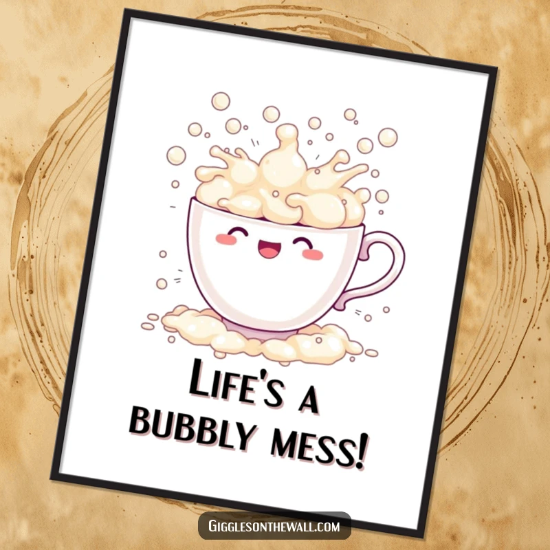 Funny Free Printable Wall Art: A sentient teacup exploding with bubbles, comically splashing everywhere, creating a vibrant and cheerful downloadable piece.
