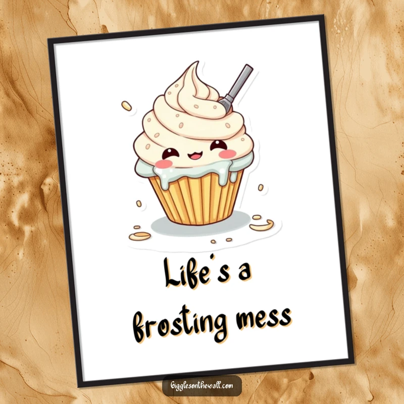 Funny Free Printable Wall Art: A Kawaii cupcake character hilariously attempting to frost itself, creating a sweet mess.