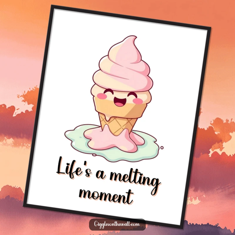 Funny Free Printable Wall Art: A happy ice cream cone character melting into a puddle of pure joy, adorning your walls with laughter.