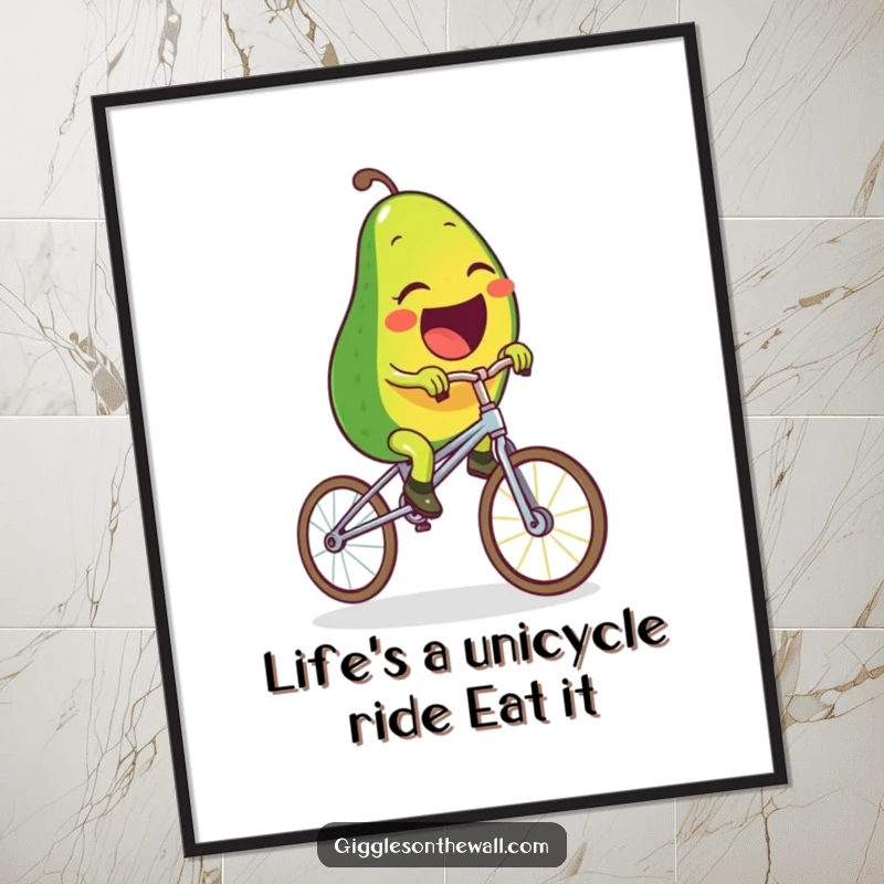 Funny Free Printable Wall Art: A laughing avocado precariously rides a unicycle made of spaghetti, a comical and unique art piece.
