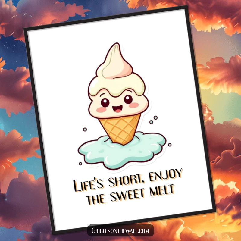 Funny Free Printable Wall Art: A cheerful ice cream cone character melting into a delightful puddle.