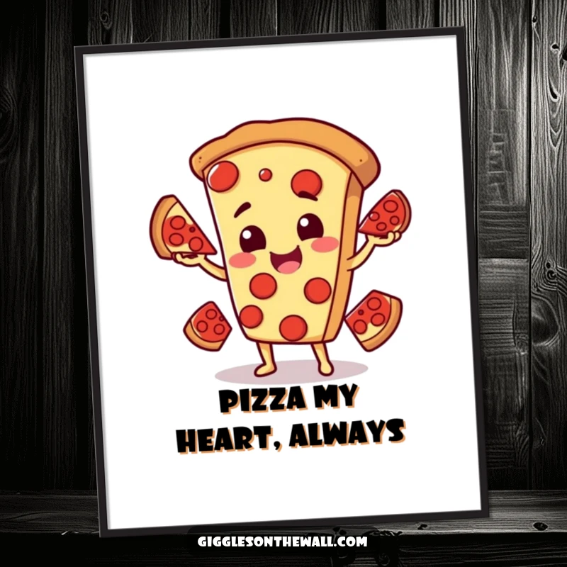 Funny Free Printable Wall Art showcasing a smiling pizza character expertly juggling pepperoni slices.