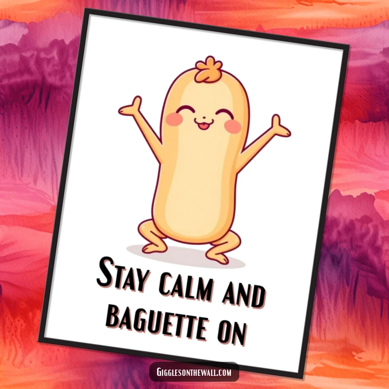 Funny Free Printable Wall Art: A cheerful baguette gracefully holds a yoga pose, bringing peaceful vibes and bread humor to any room.