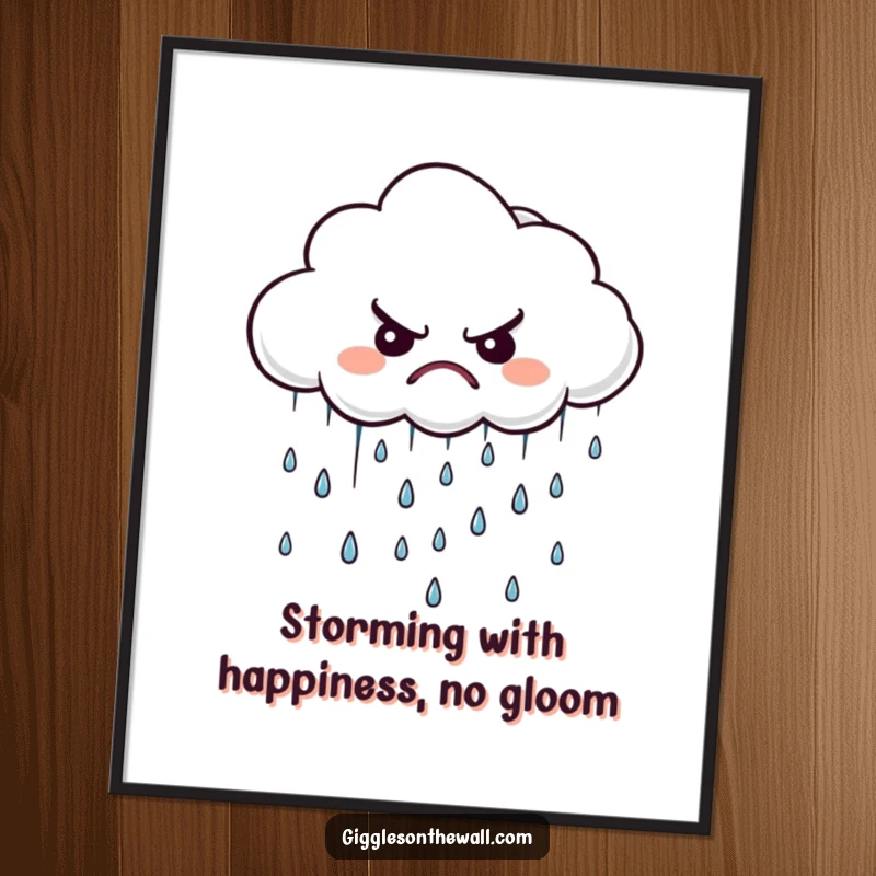 Funny Free Printable Wall Art depicting a grumpy cloud raining tiny, disgruntled raindrops with a frown.