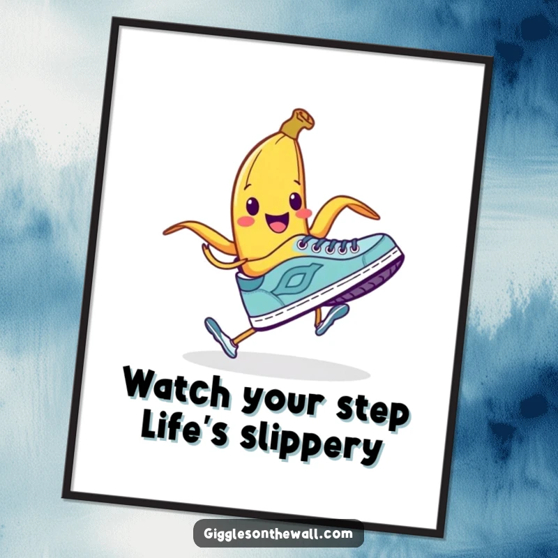 Funny Free Printable Wall Art: A smiling banana peel lies in wait to trip a running shoe in a comedic scene.