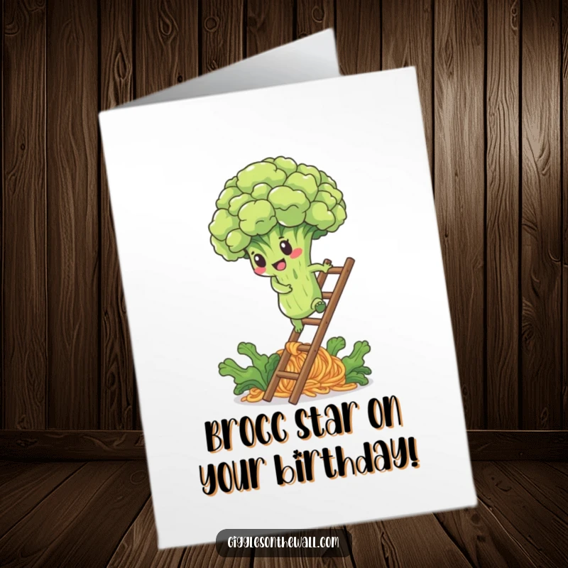 Funny Free Printable Birthday Card: a determined broccoli floret climbing a noodle ladder towards a celebration.