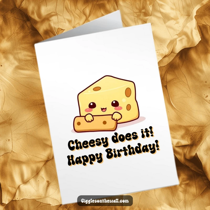 Funny Free Printable Birthday Card: Smiling cheese character peeking from behind a cracker, sending birthday wishes with a shy grin.