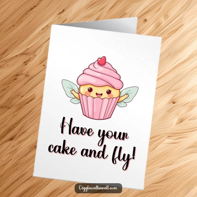 Funny Free Printable Birthday Card: Happy cupcake with candy wings flying away, celebrating a sweet birthday.