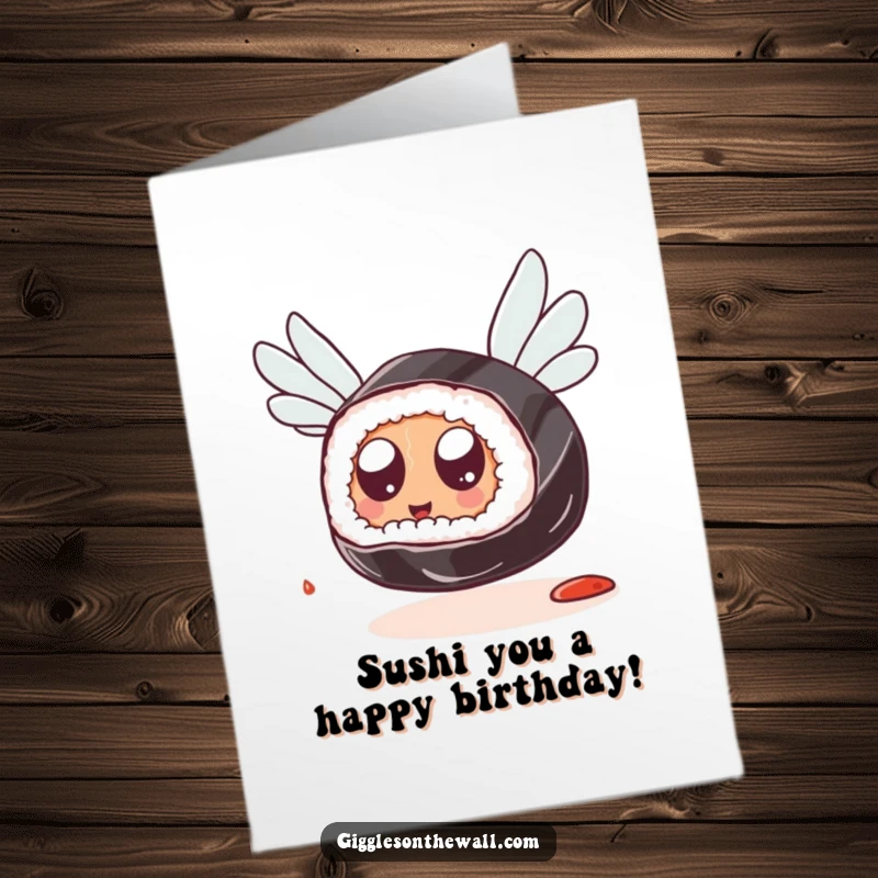 Funny Free Printable Birthday Card: Sushi with googly eyes, trying to fly with soy sauce packets, aiming for a happy birthday.