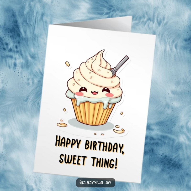 Funny Free Printable Birthday Card: Kawaii cupcake character trying to frost itself and making a big, frosting mess.
