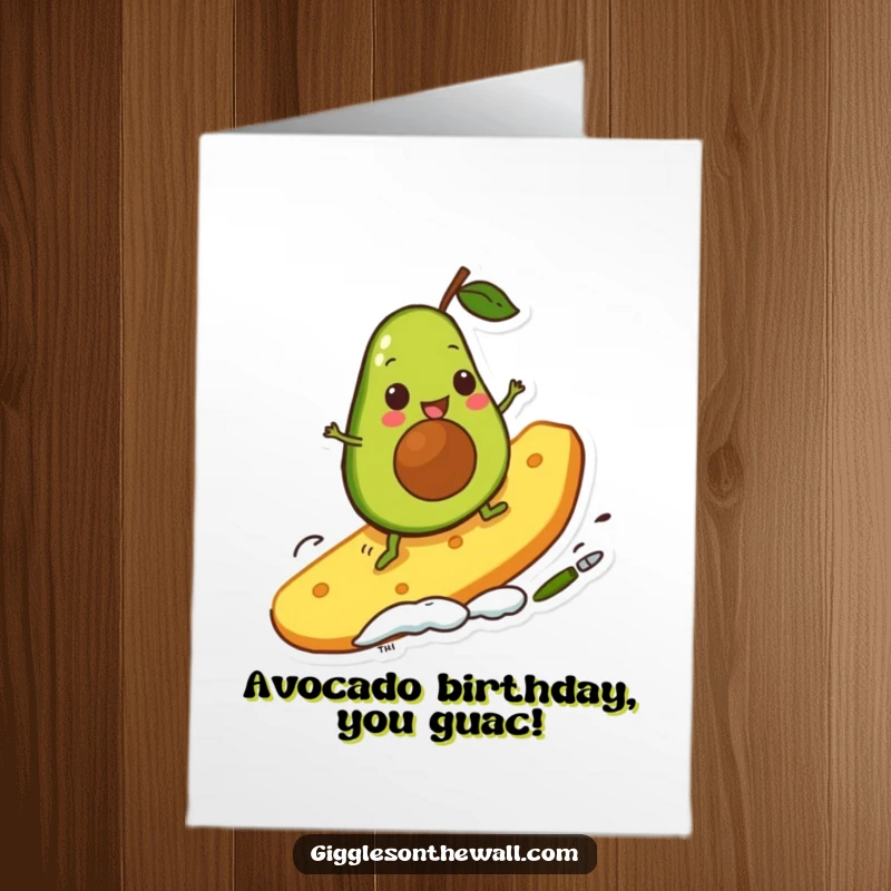 Funny Free Printable Birthday Card: Cute avocado character hilariously surfing a giant chip with a smile.