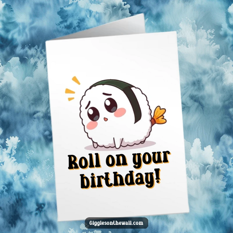 Funny Free Printable Birthday Card featuring a shocked sushi character tripping comically over its own tail.