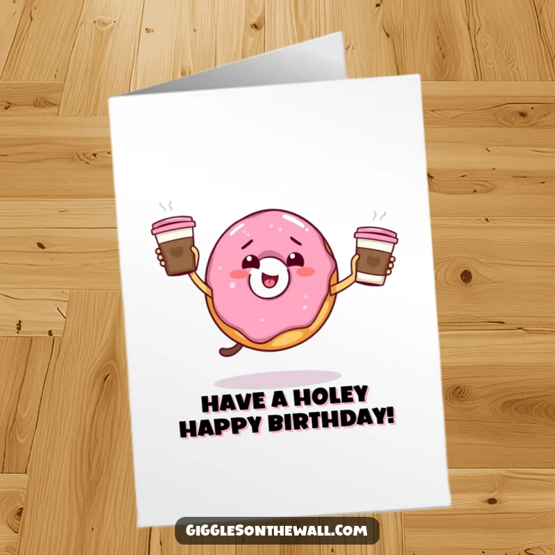 Funny Free Printable Birthday Card: A giddy donut enthusiastically juggles coffee cups, radiating pure birthday excitement.
