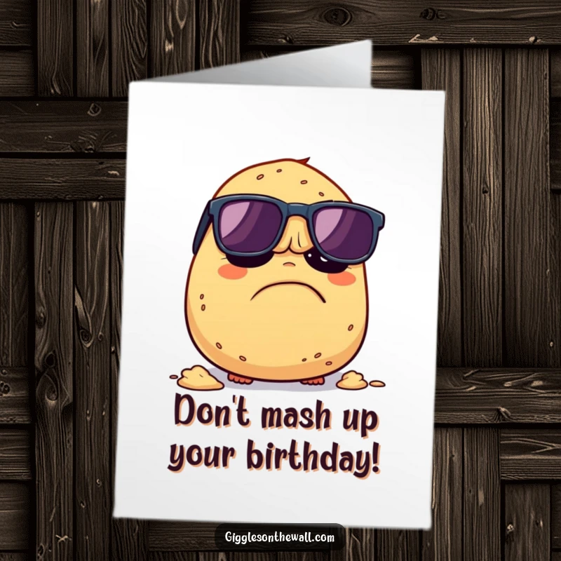 Funny Free Printable Birthday Card: A grumpy potato in sunglasses, making a break for it to avoid being mashed, wishing happy birthday.