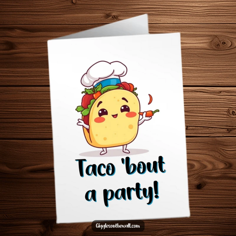 Funny Free Printable Birthday Card: A taco in a chef hat hilariously attempts to juggle small chili peppers, looking slightly overwhelmed.