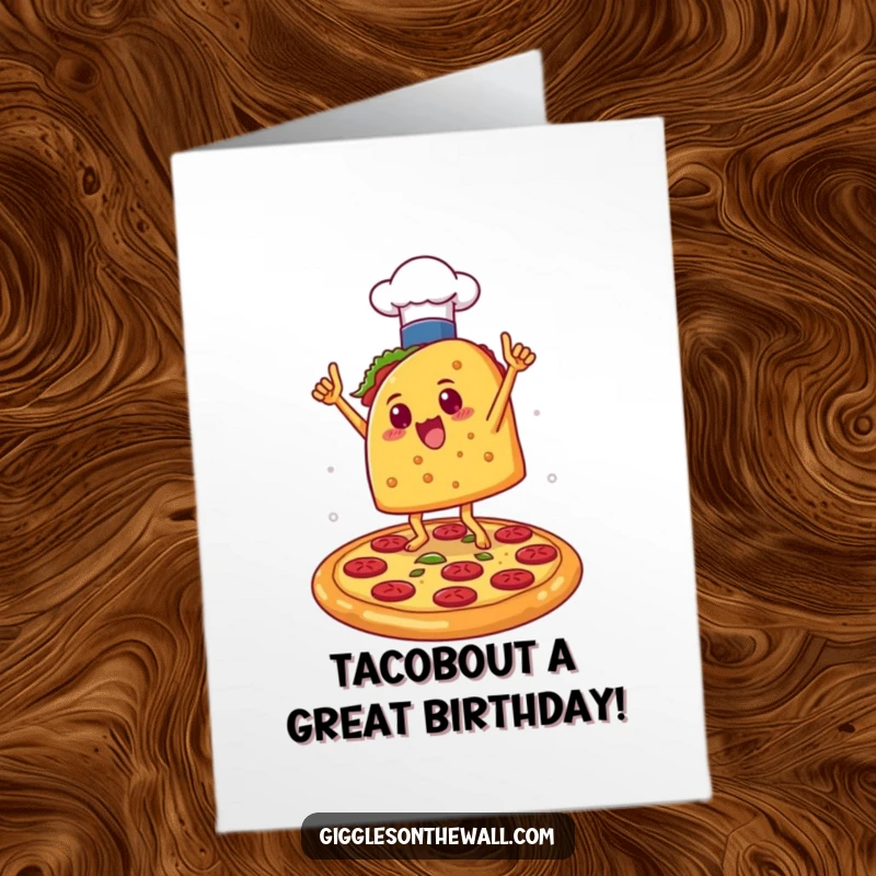Funny Free Printable Birthday Card: A taco in a chef hat, doing a celebratory dance on a pizza, shouting happy birthday.