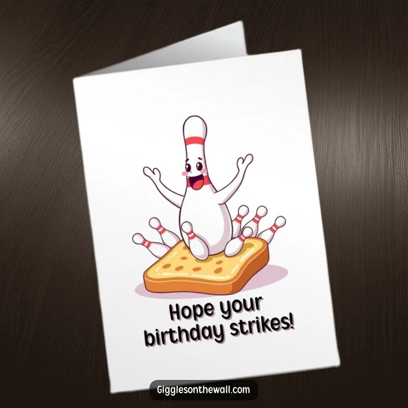 Funny Free Printable birthday card of a juggling bowling pin hilariously dropping pins onto surprised toast.