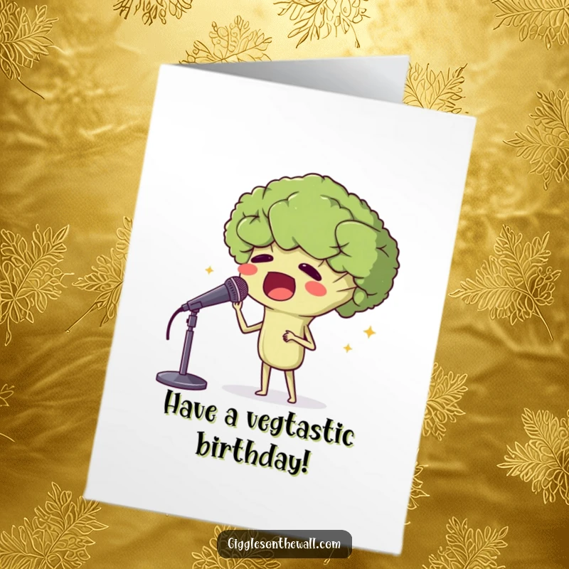 Funny Free Printable Birthday Card: A proud broccoli head belting opera into a microphone, ready to serenade the birthday star.