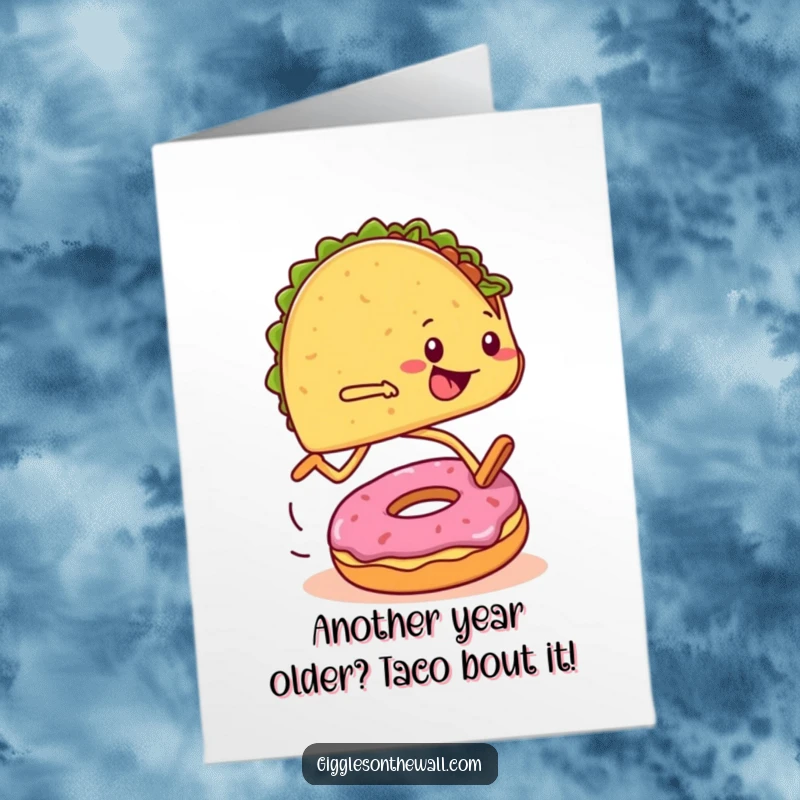 Funny Free Printable Birthday Card: A taco with legs trips over a donut during a marathon race, looking surprised.