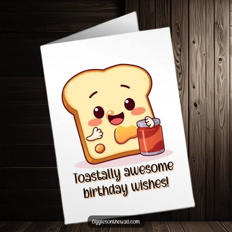 Funny Free Printable Birthday Card: A slice of toast with a face takes a selfie with jam, looking delighted.