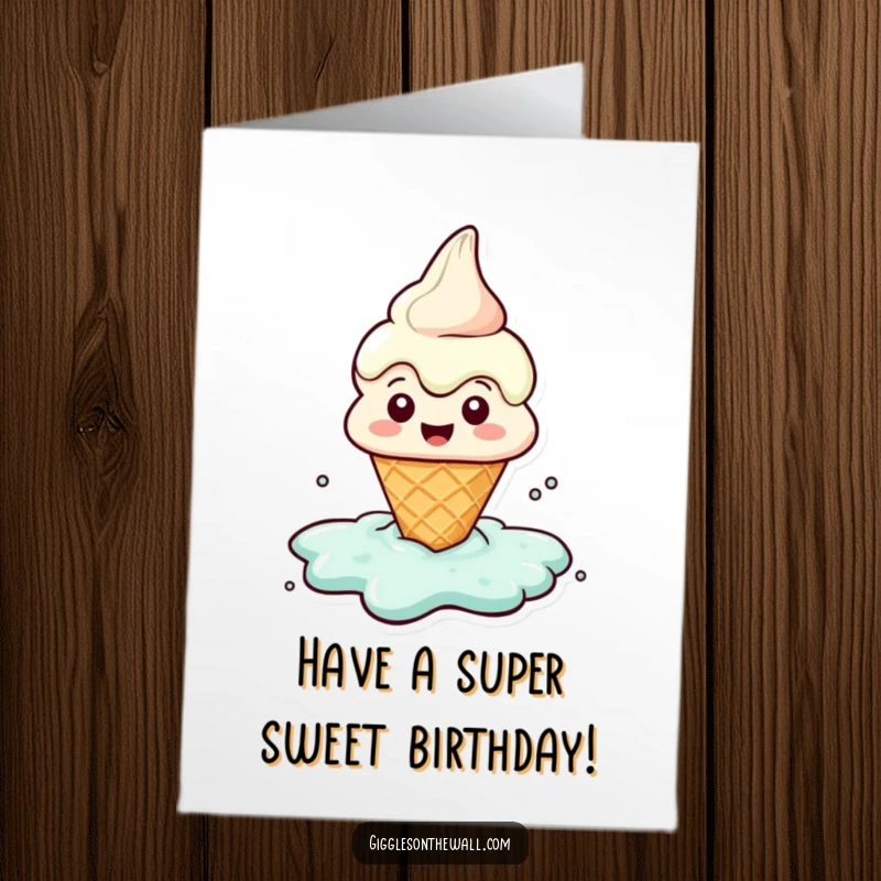 Funny Free Printable Birthday Card: A cheerful ice cream cone character melting into a puddle of pure delight.