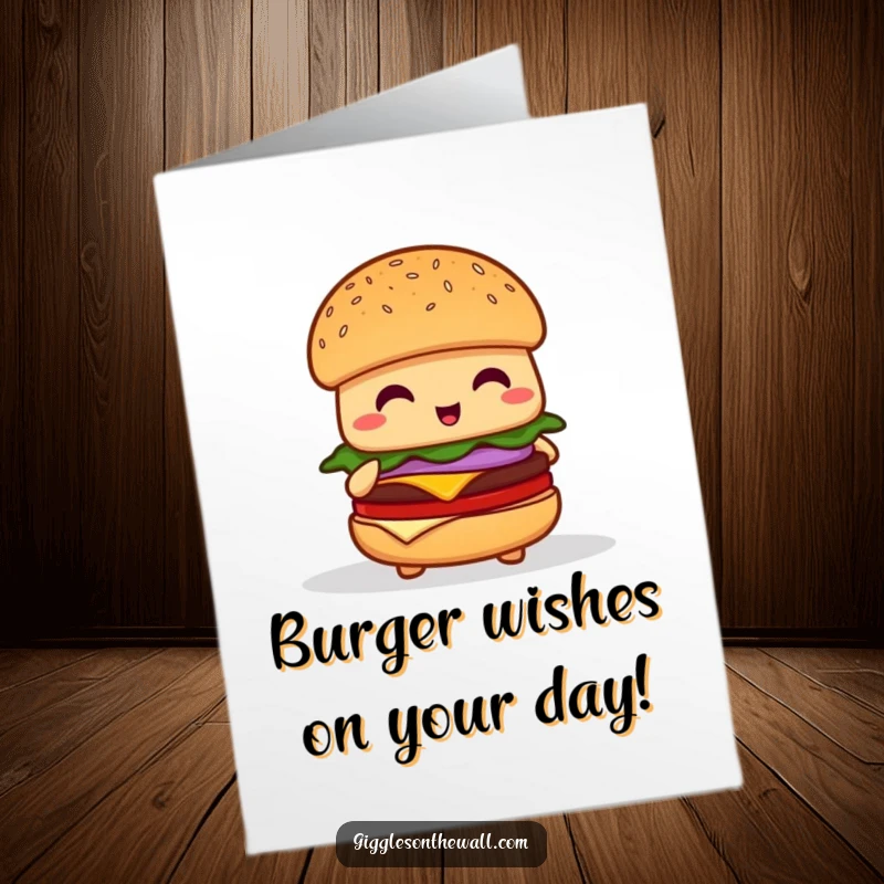 Funny Free Printable Birthday Card: A shy hamburger nervously tries to give a speech, blushing.