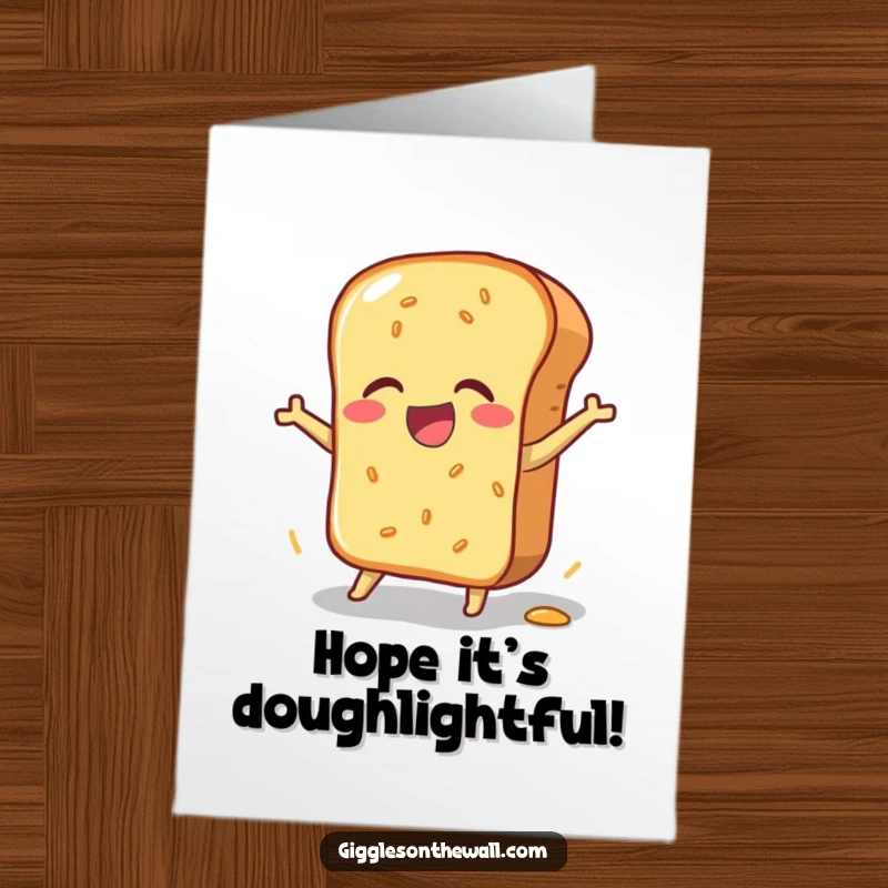 Funny Free Printable Birthday Card: A joyful bread loaf tumbling in a clumsy, happy pratfall.