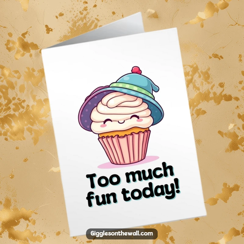 Funny Free Printable Birthday Card: A silly cupcake hilariously attempting to wear two festive hats.