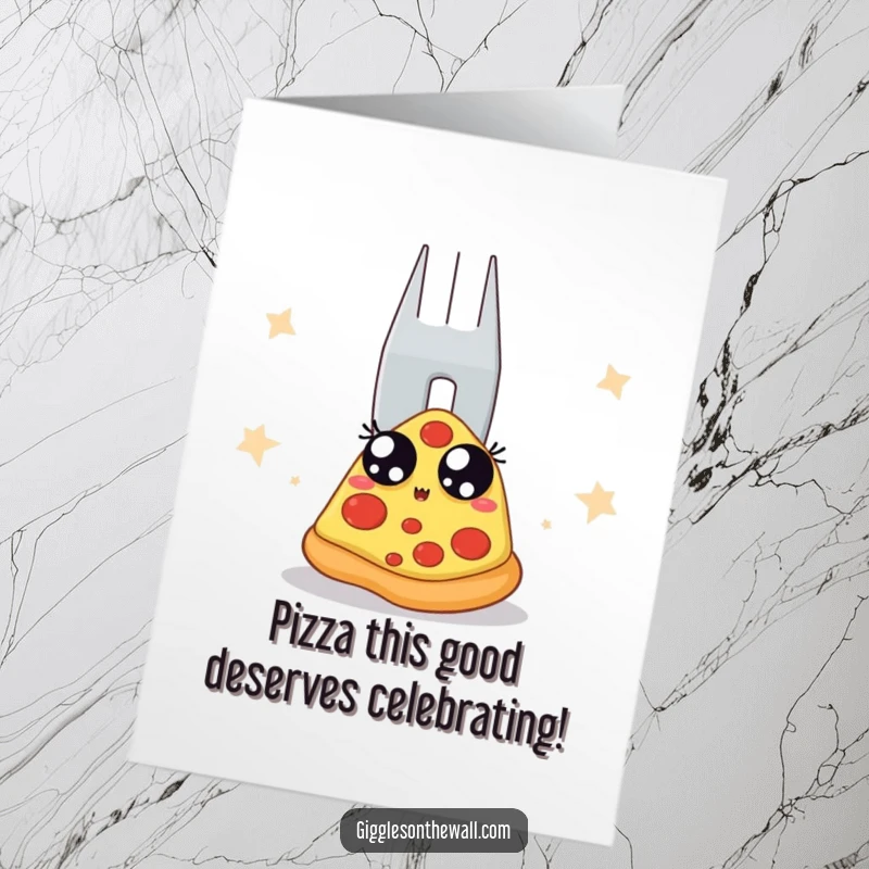 Funny free printable birthday card featuring a pizza slice scared of a giant fork backstage, ready for a laugh.