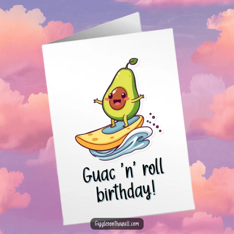 Funny Free Printable Birthday Card: Happy avocado character surfing a giant chip, celebrating with a cheerful, adventurous spirit.