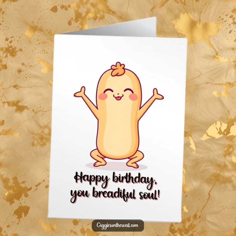 Funny Free Printable Birthday Card: A cheerful baguette in a serene yoga pose radiates peace and birthday joy.