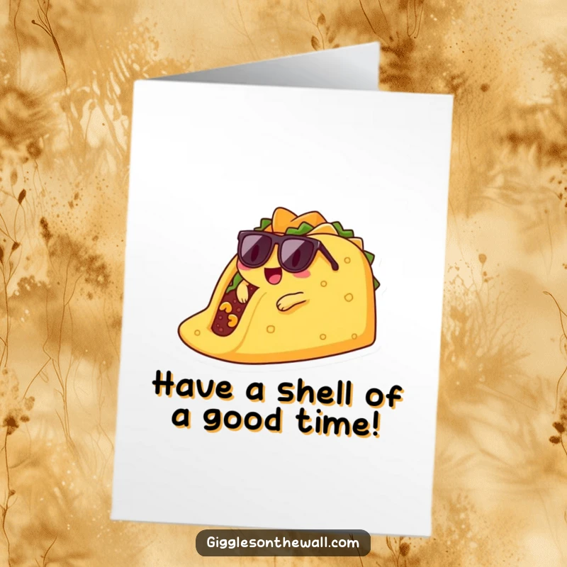 Funny Free Printable Birthday Card: A taco character wearing sunglasses, coolly lounging on a giant chip.