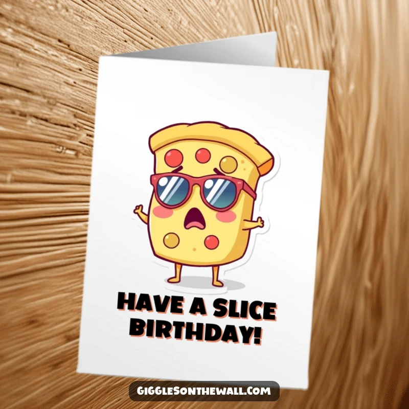 Funny Free Printable Birthday Card: a surprised pizza slice character looking cool in tiny sunglasses.