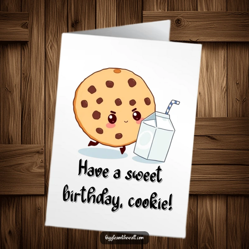 Funny Free Printable Birthday Card: A giant cookie determinedly chasing a tiny milk carton, a sweet and humorous birthday message.