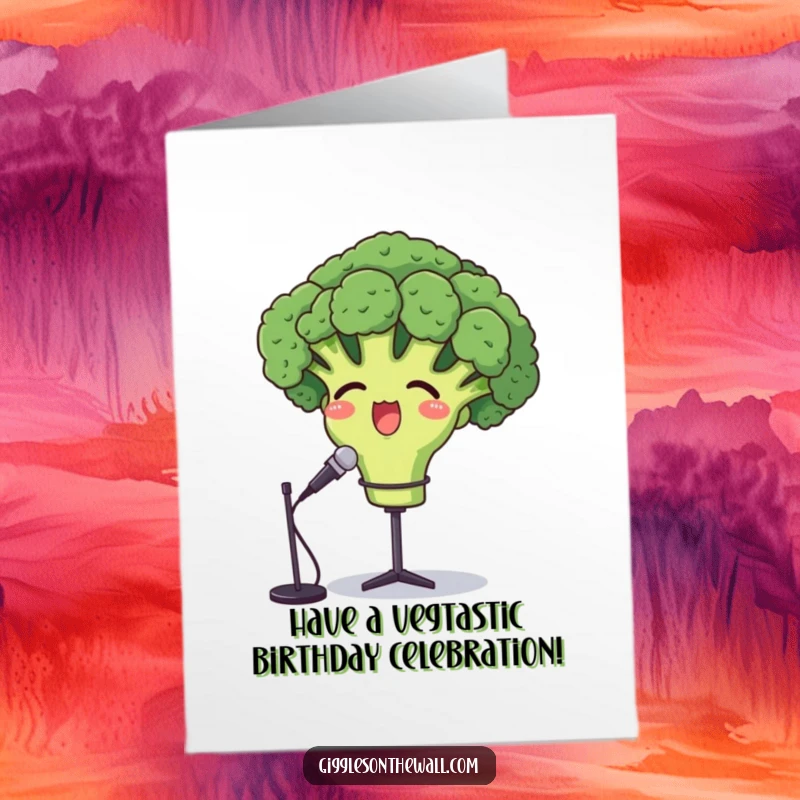Funny free printable birthday card: a proud broccoli head singing opera passionately into a microphone.