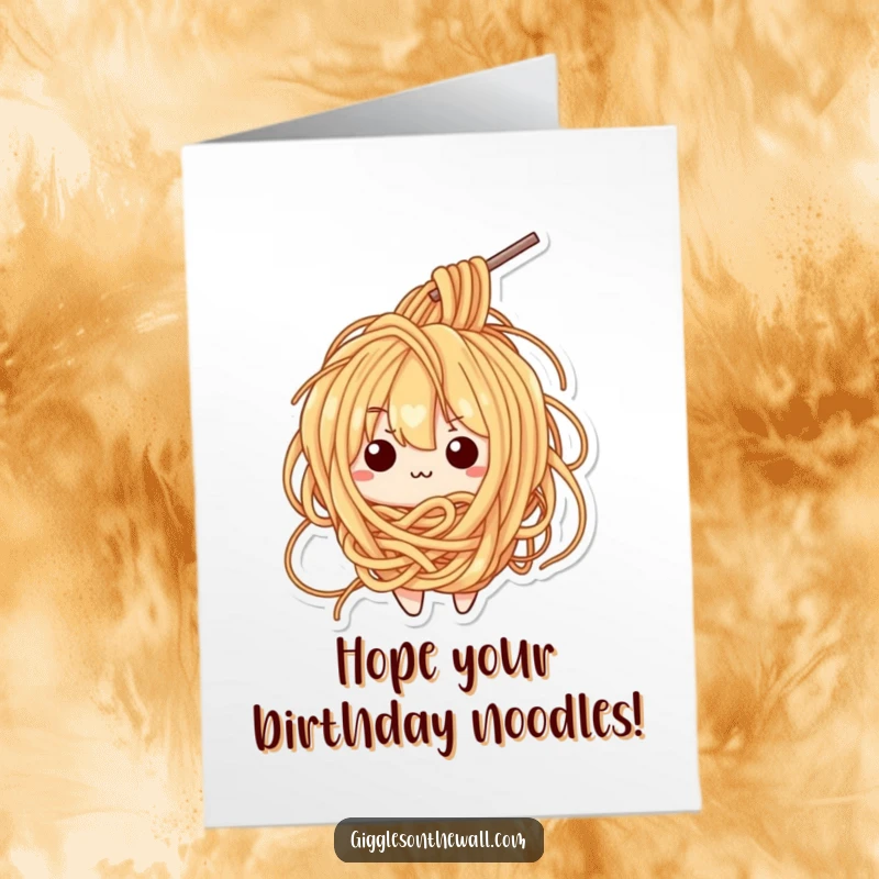 Funny Free Printable Birthday Card: Kawaii ramen noodle character hopelessly tangled in its own strands, looking confused.