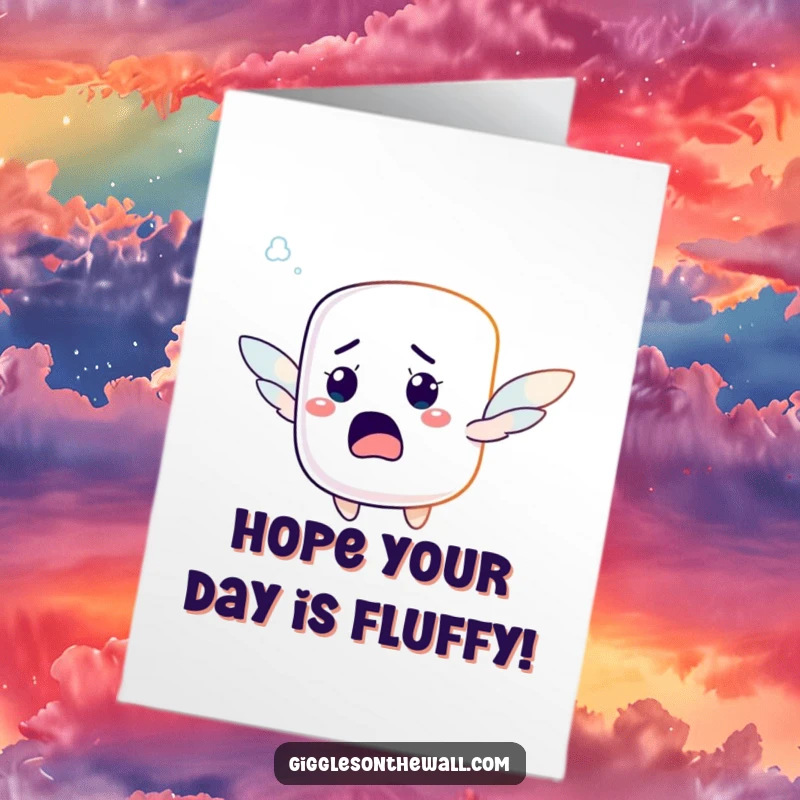 Funny Free Printable Birthday Card: A startled marshmallow character attempting to fly with tiny wings, hilariously airborne.