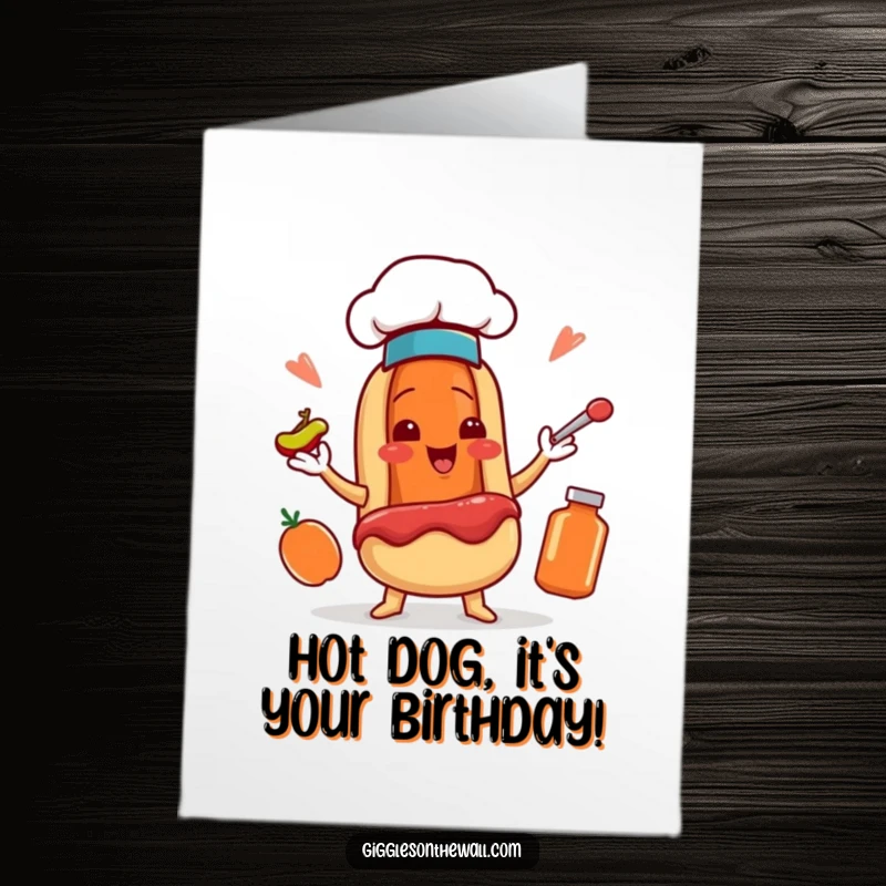 Funny Free Printable Birthday Card: A smiling hot dog chef in a hat juggles ketchup and mustard.