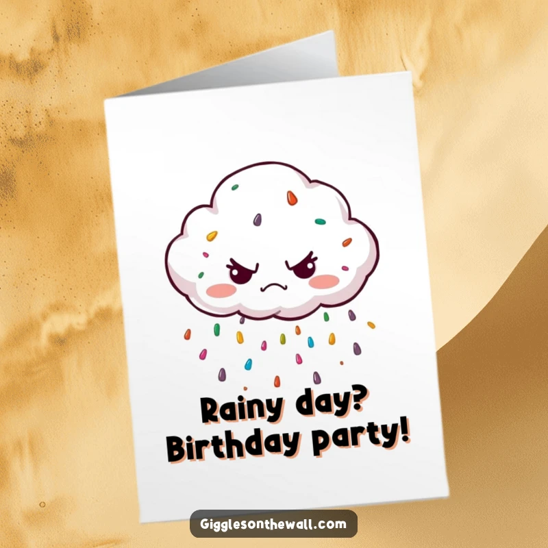 Funny Free Printable Birthday Card: Grumpy cloud character unexpectedly raining a shower of colorful sprinkles, looking mildly annoyed.