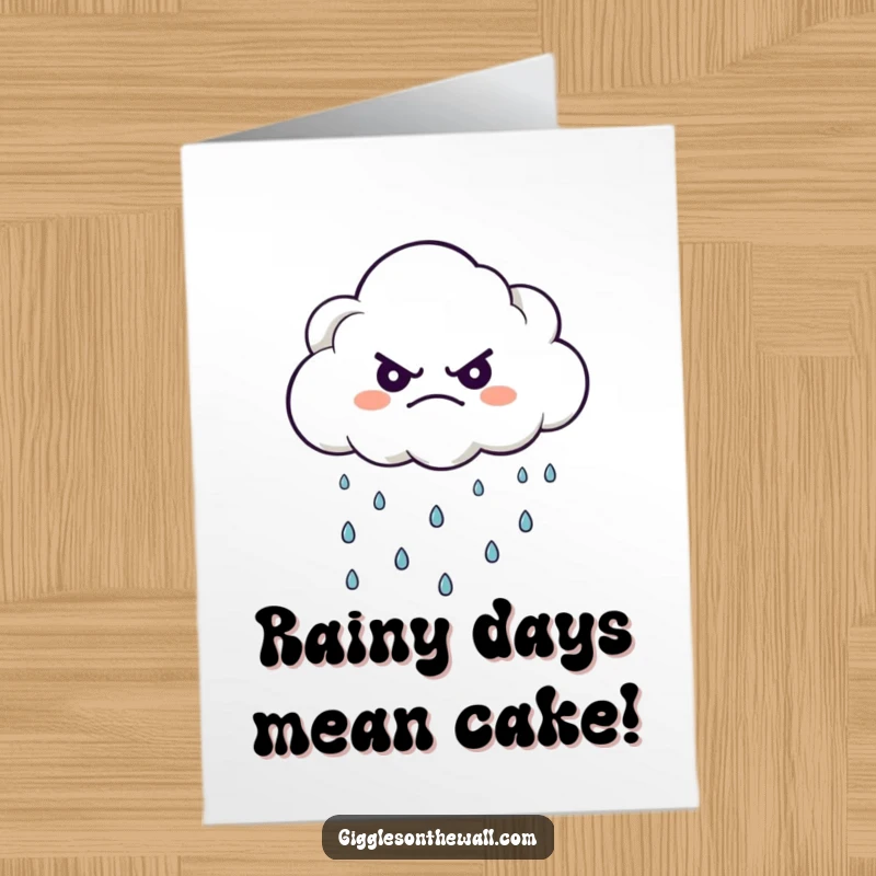 Funny Free Printable Birthday Card: A grumpy cloud character comically rains down tiny, cheerful raindrops for a unique greeting.